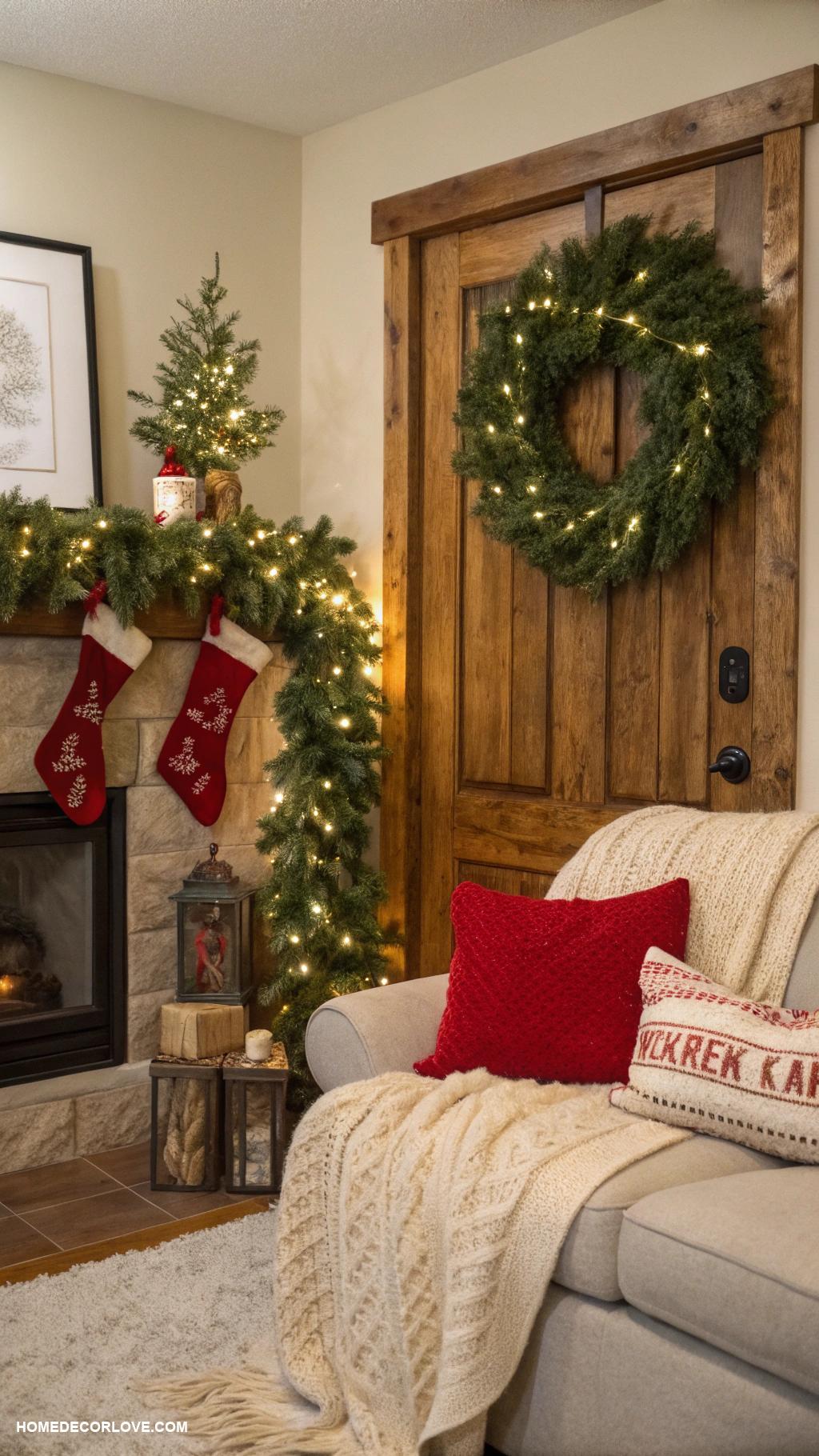 cozy christmas living room Festive wreath on the door