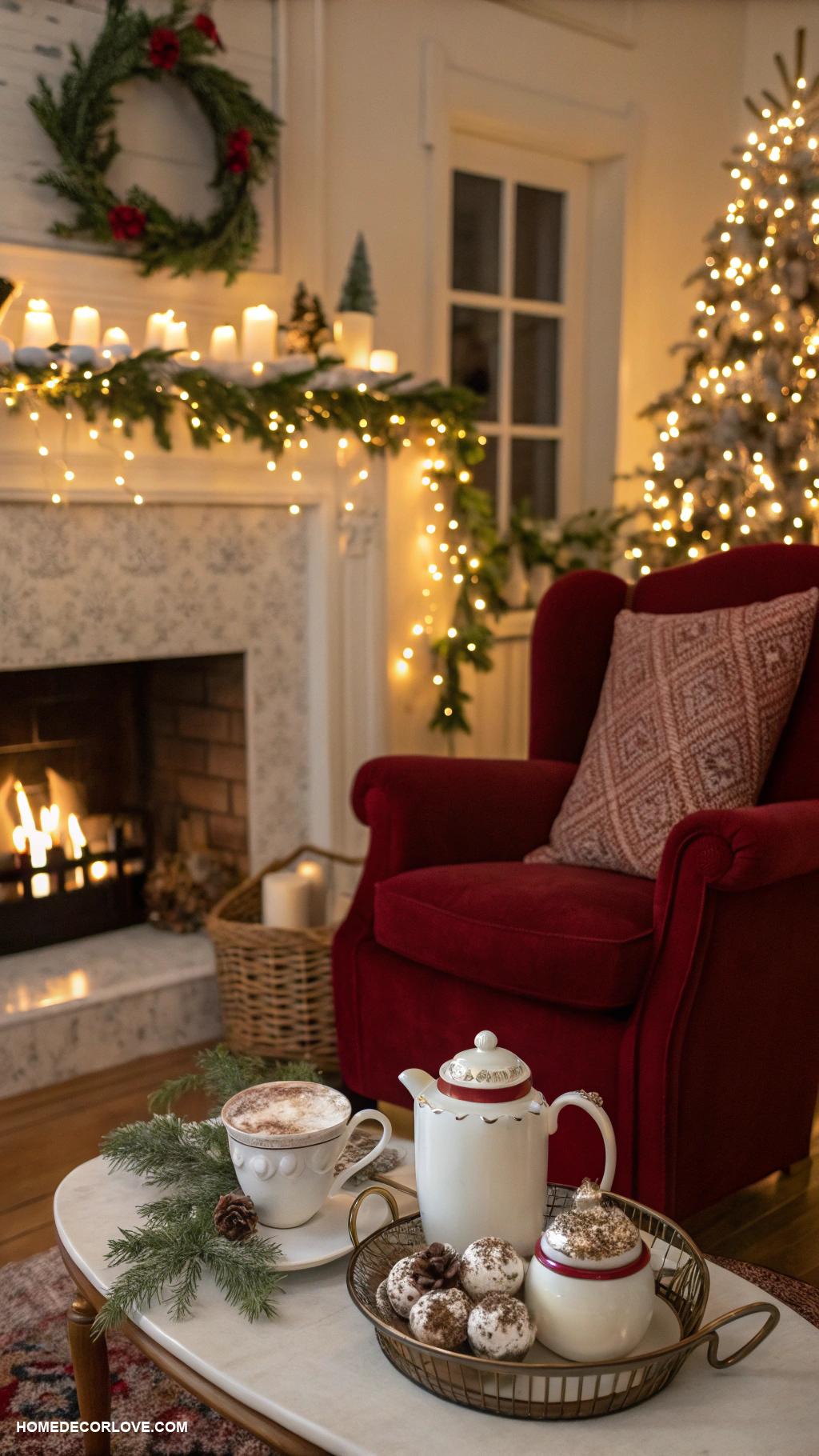 cozy christmas living room Hot cocoa station on side table