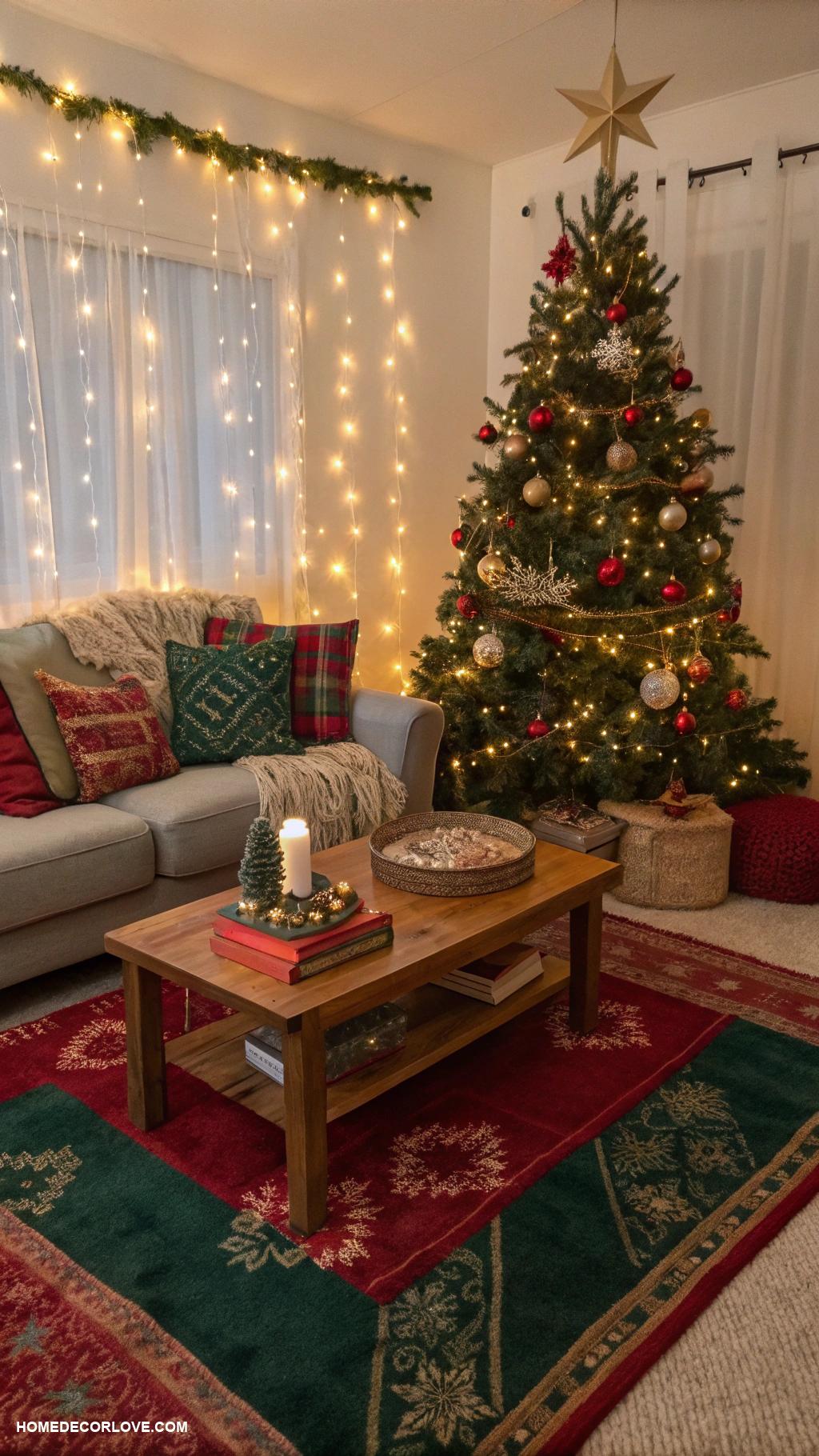 cozy christmas living room Plush area rug with festive colors