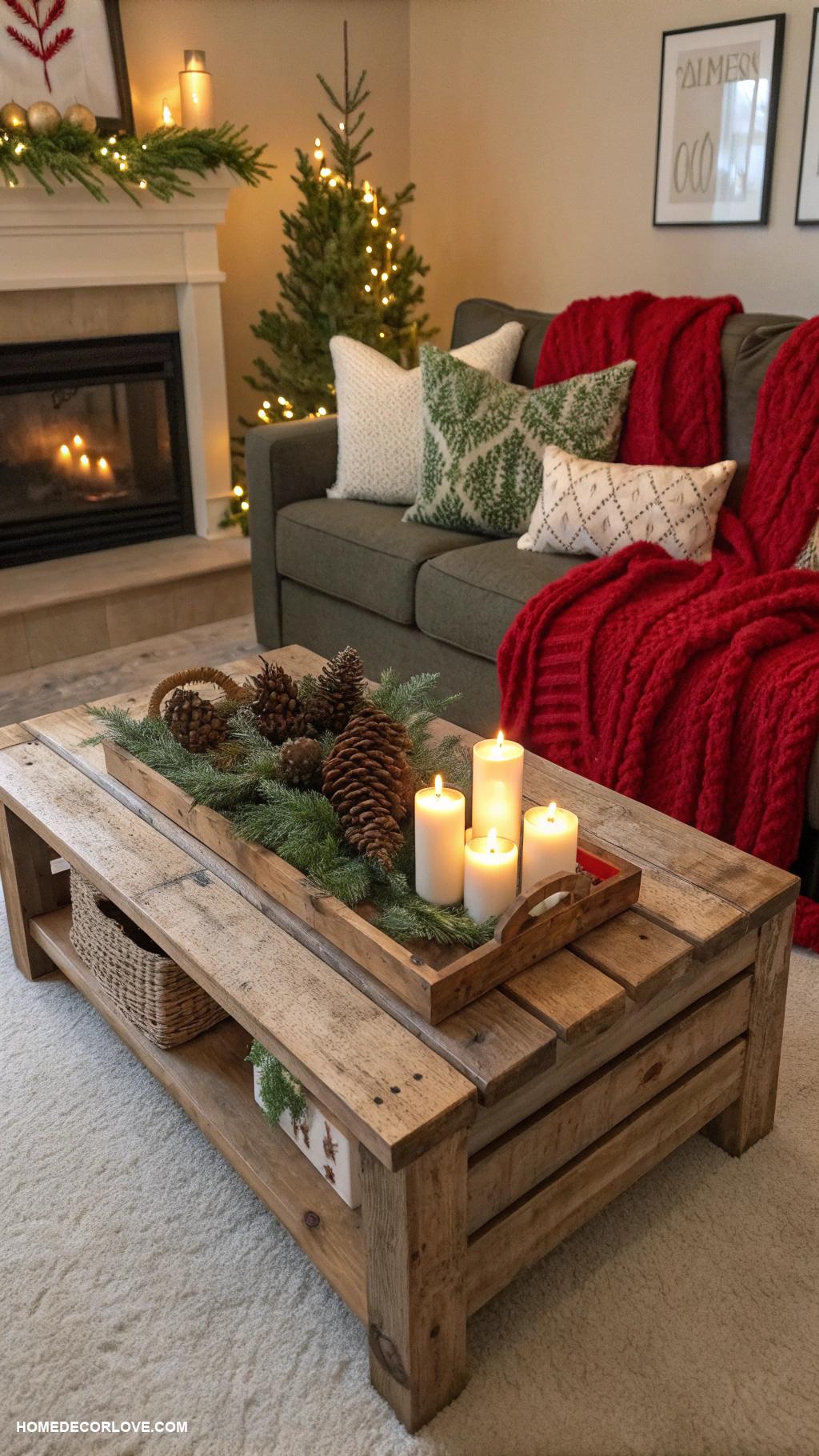 cozy christmas living room Rustic wooden coffee table