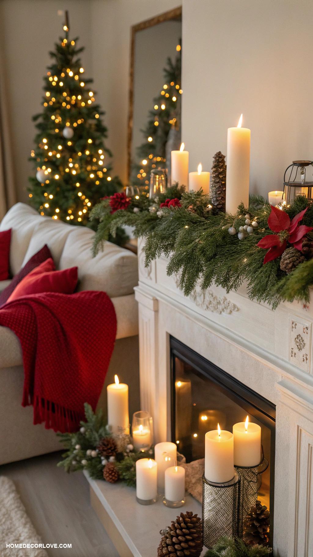 cozy christmas living room Seasonal candles on the mantle