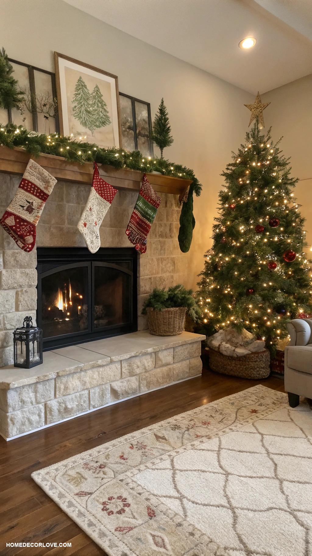 cozy christmas living room Stockings hung by the fireplace