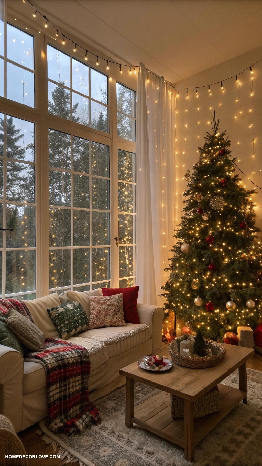 cozy christmas living room Twinkling fairy lights around windows
