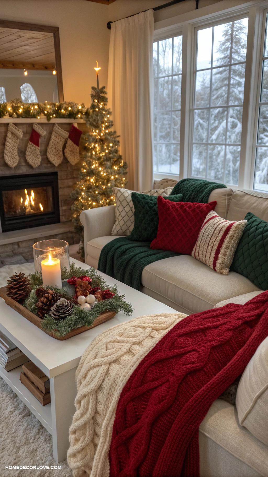 cozy christmas living room Warm blankets on the sofa