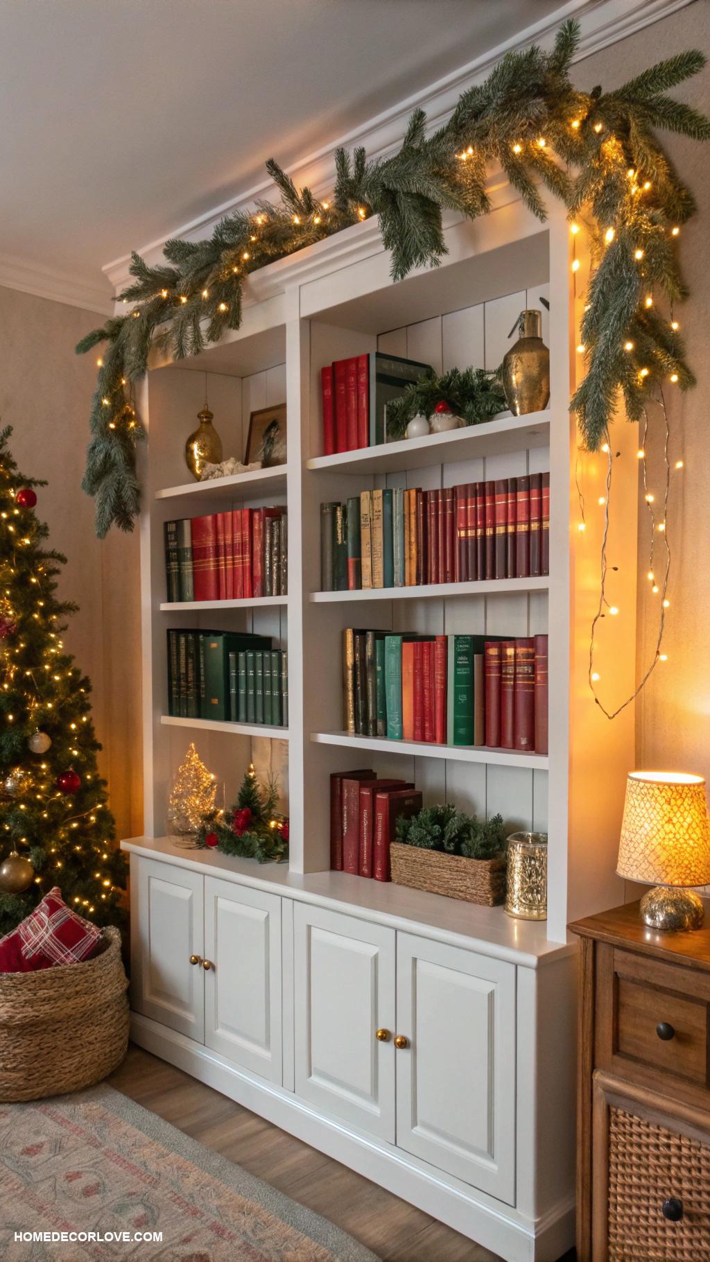decorating bookshelves for christmas Add warm string lights to shelves
