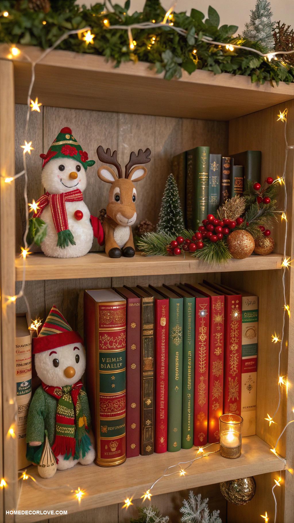 decorating bookshelves for christmas Add whimsical festive figurines