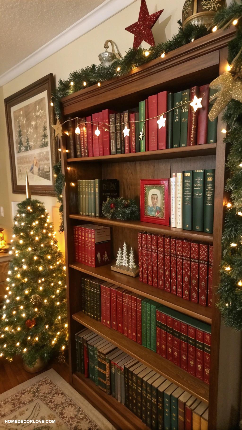 decorating bookshelves for christmas Display festive holiday themed books