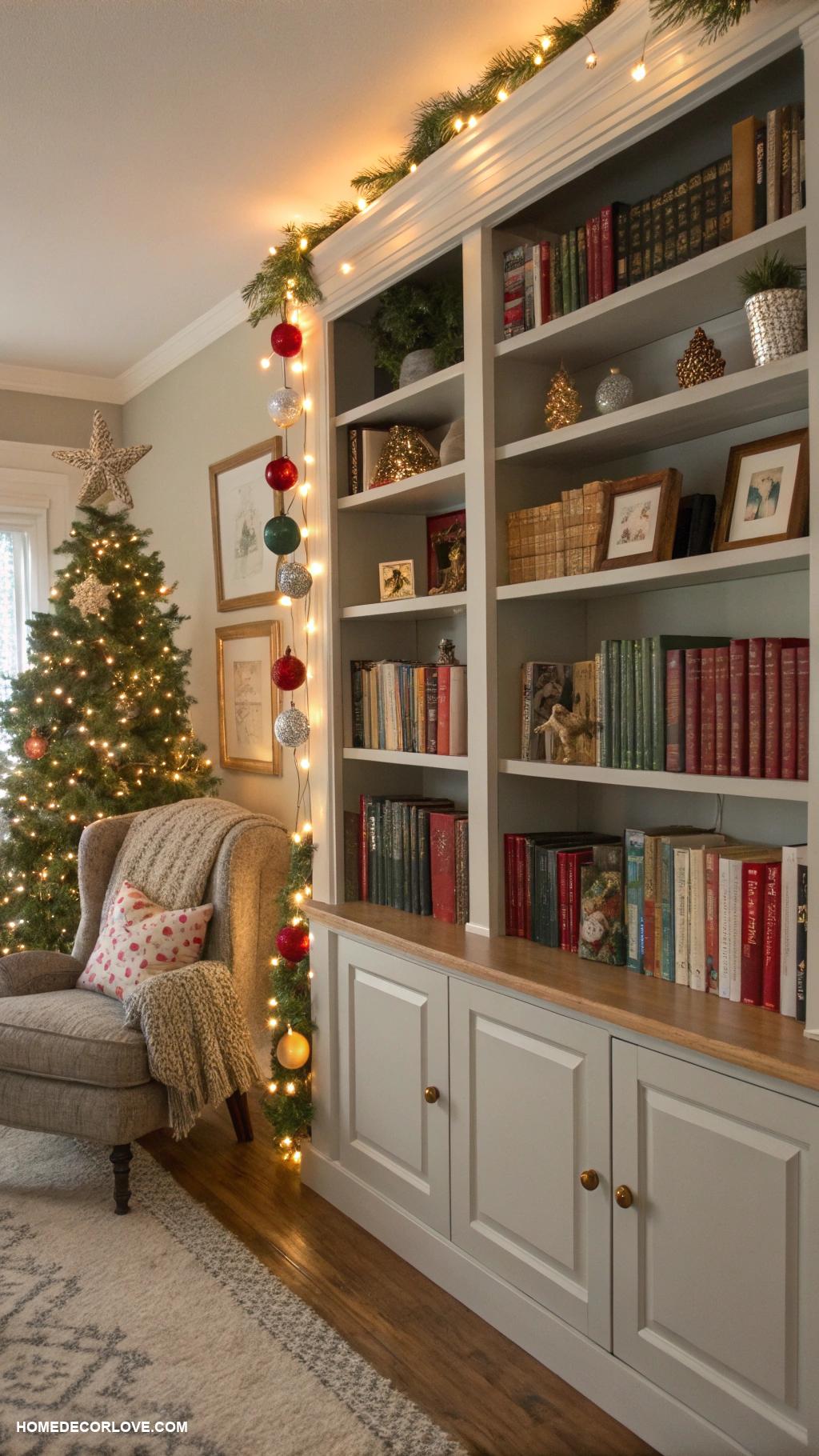 decorating bookshelves for christmas Hang ornaments from shelf edges