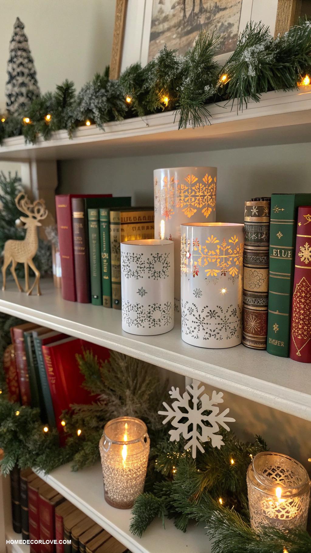 decorating bookshelves for christmas Include winter themed candle holders