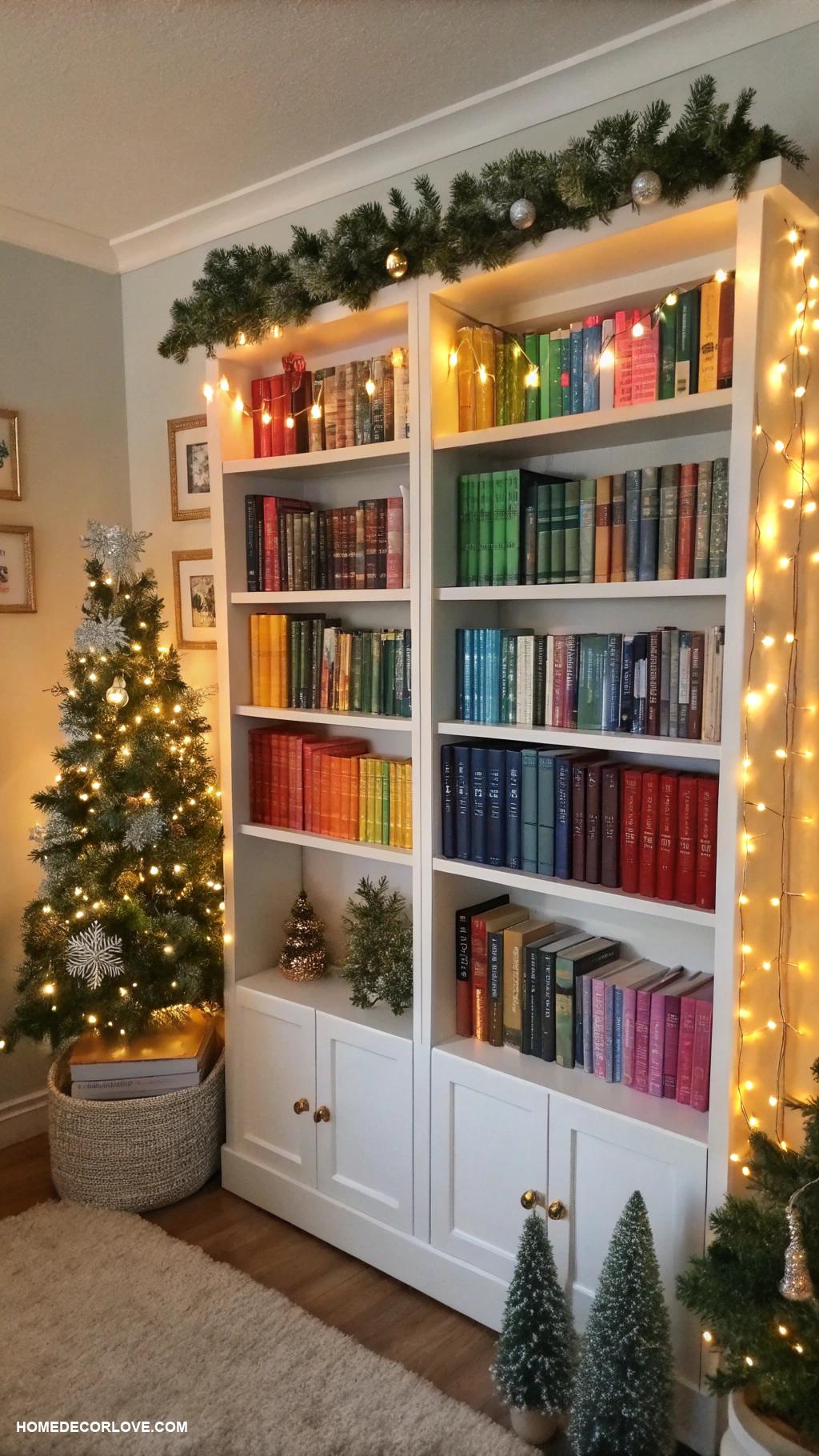 decorating bookshelves for christmas Incorporate greenery with mini Christmas trees