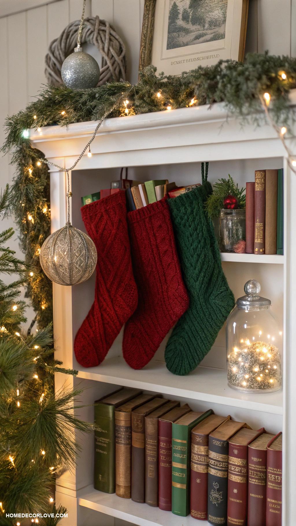 decorating bookshelves for christmas Layer different heights of decorations