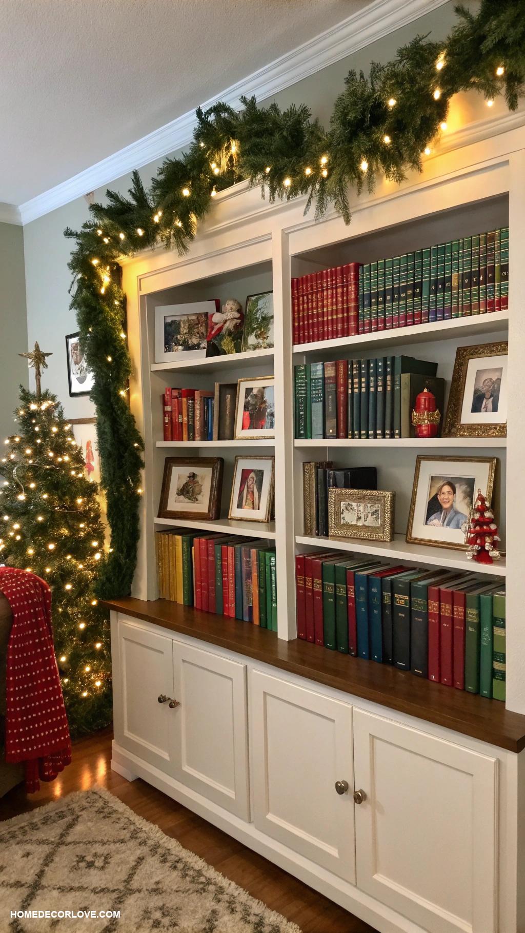 decorating bookshelves for christmas Mix in family holiday photos