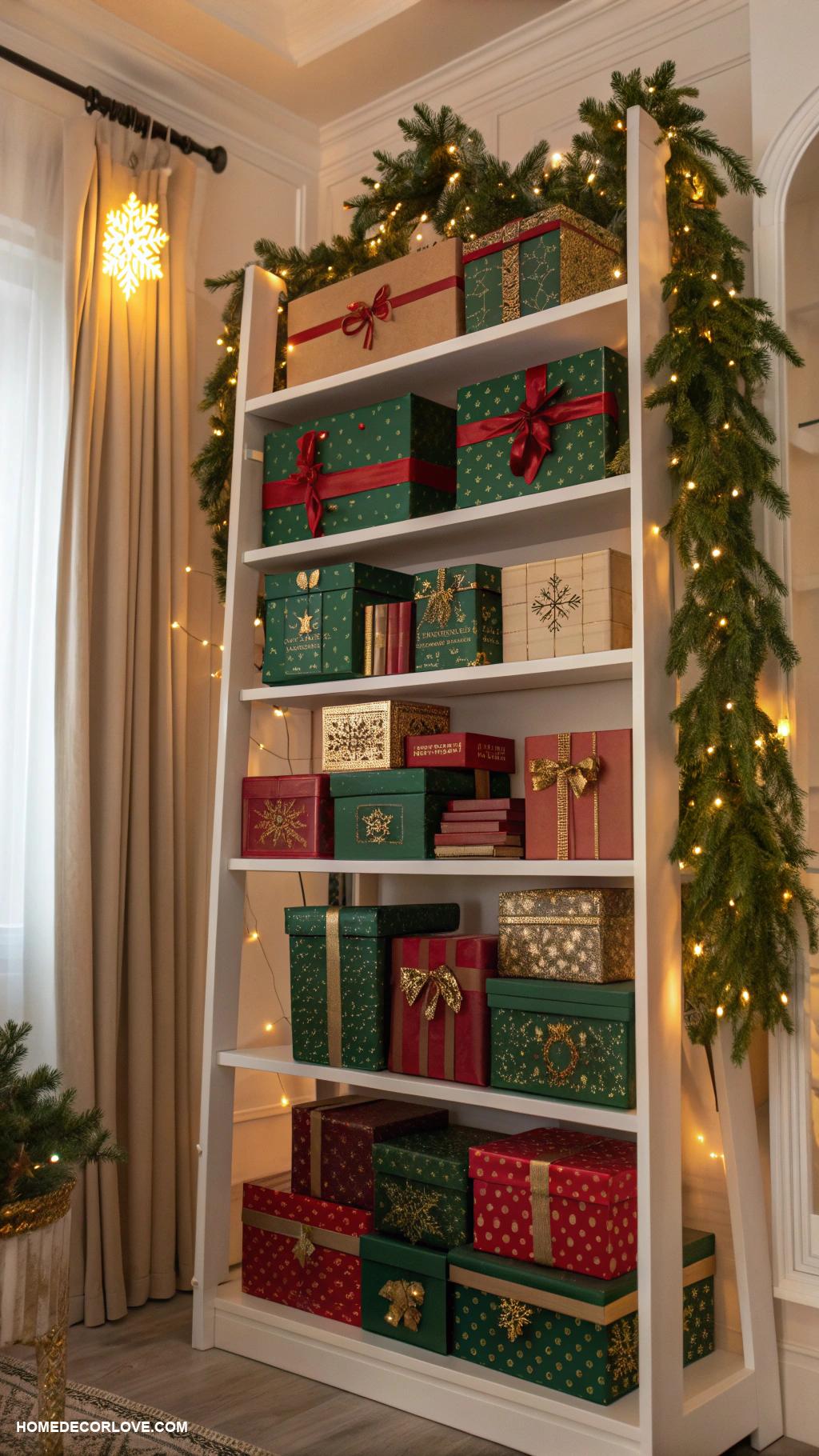 decorating bookshelves for christmas Use decorative boxes for storage