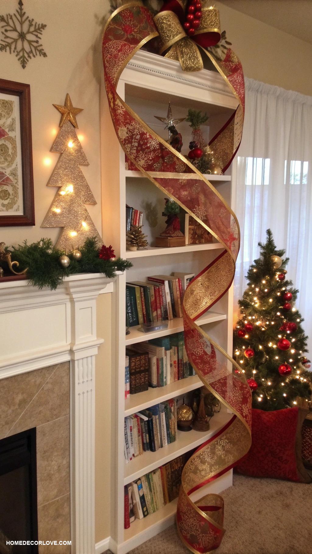 decorating bookshelves for christmas Use ribbon to wrap around shelves