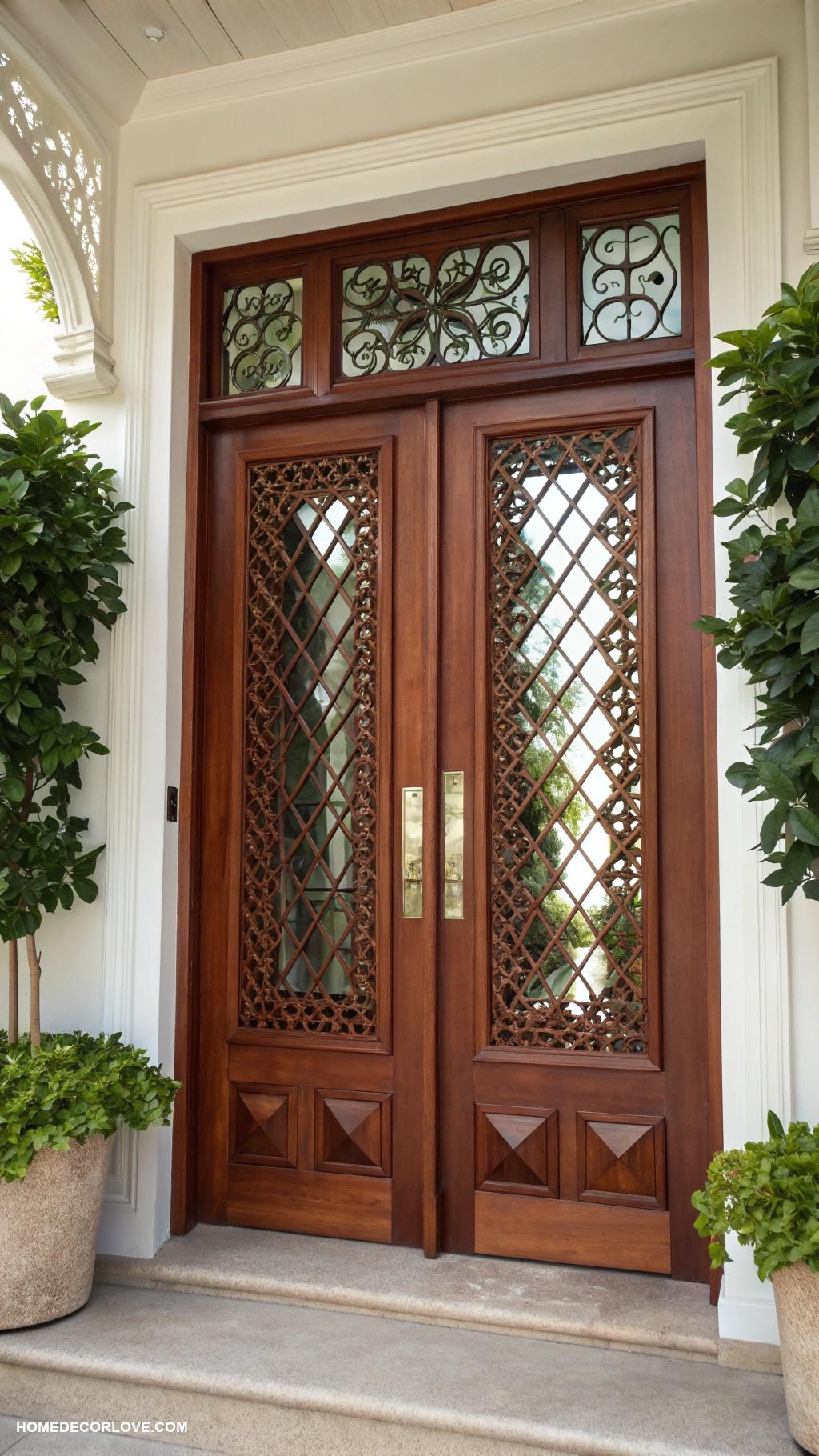 double door entryway Lattice patterned doors for unique texture