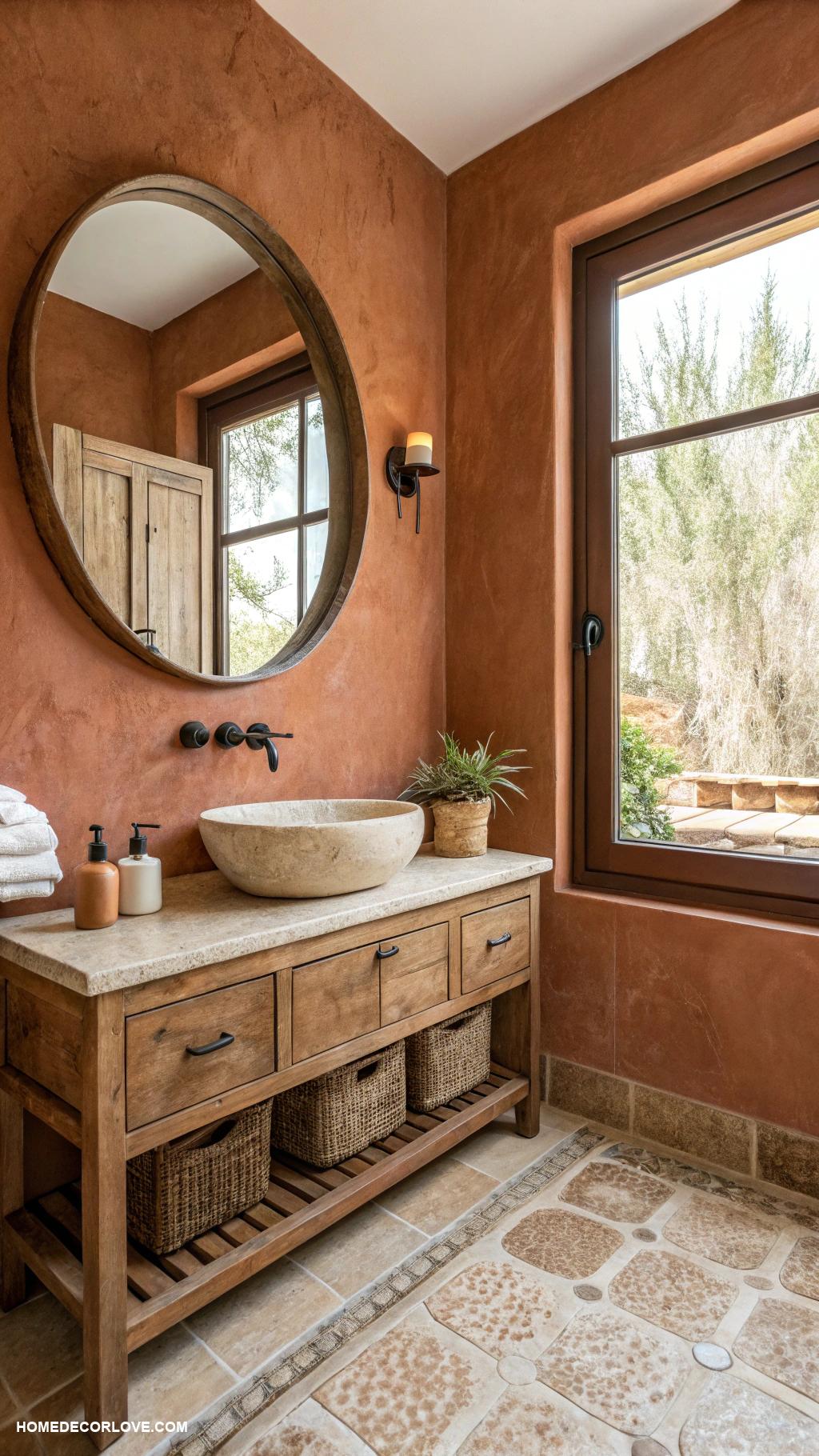 earthy bathroom Earthy color palette on walls