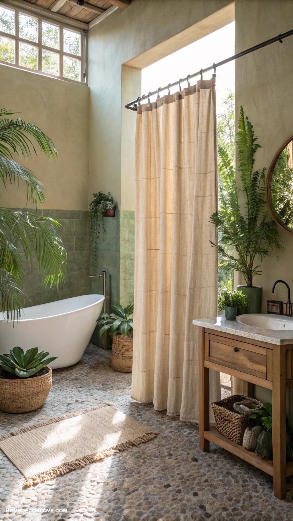 earthy bathroom Natural bamboo shower curtain