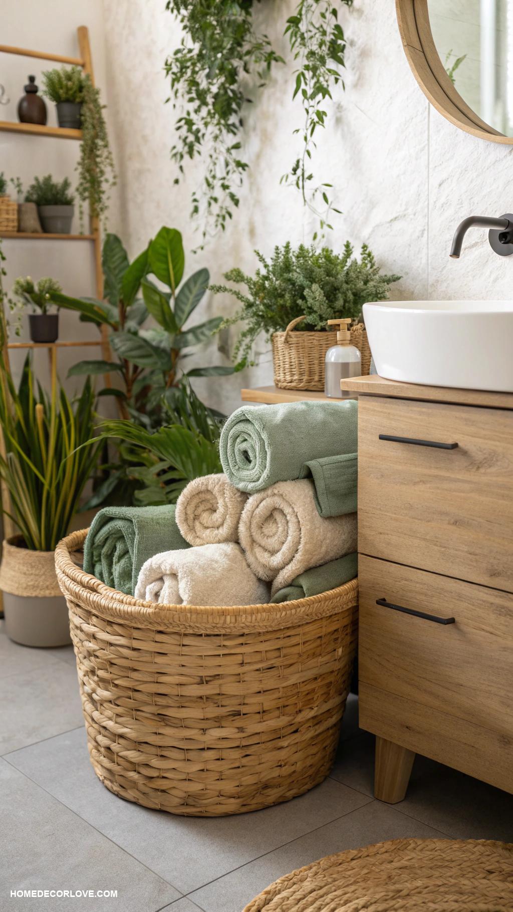 earthy bathroom Rattan basket for storage