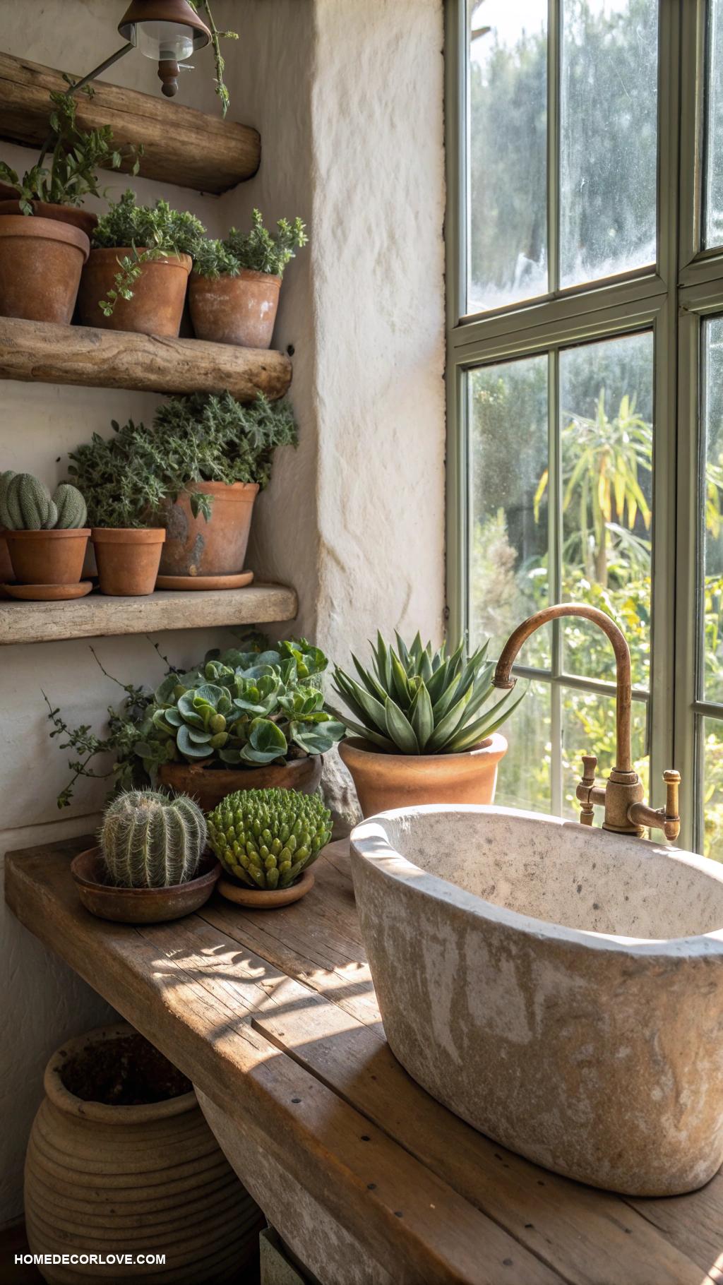earthy bathroom Succulents in terracotta pots