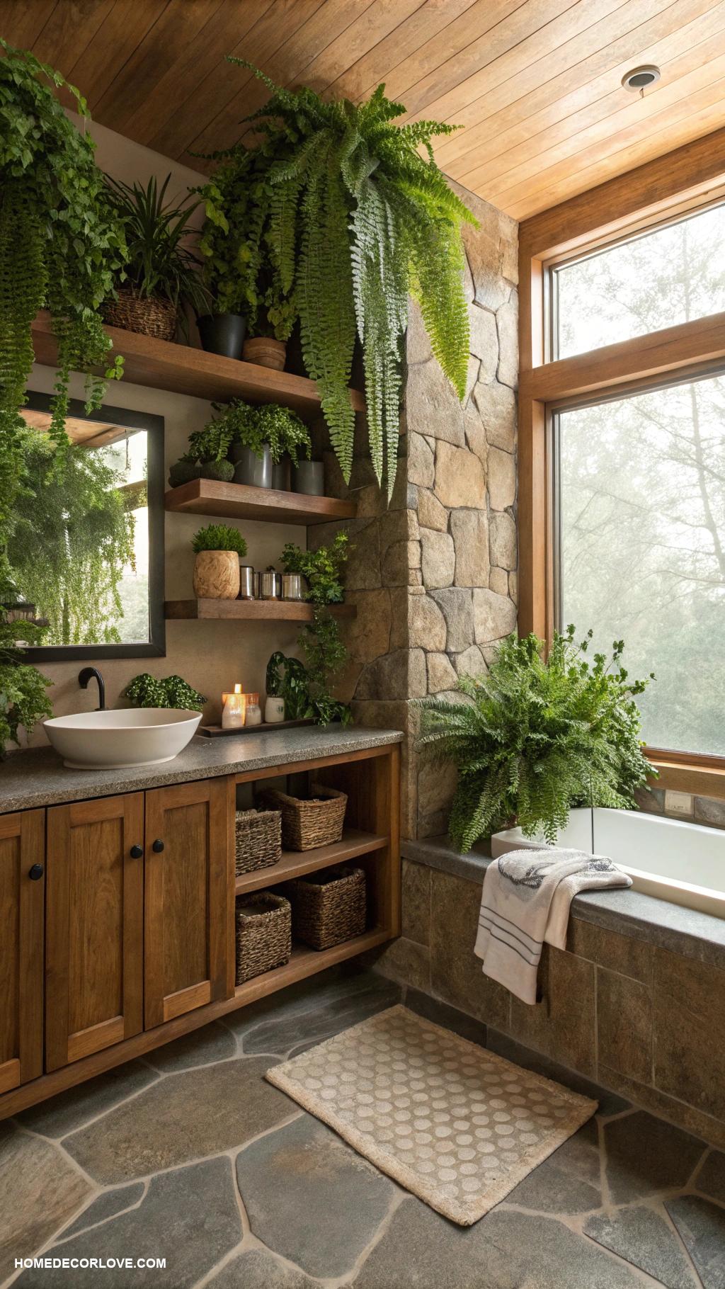 earthy bathroom Wooden accent shelves for plants
