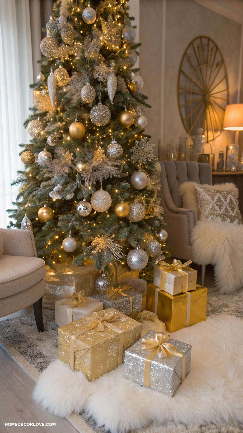 elegant christmas decor Gold and silver ornament arrangements