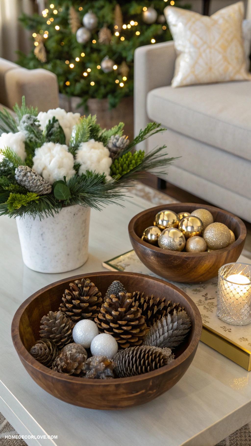 elegant christmas decor Scented pinecones in decorative bowls