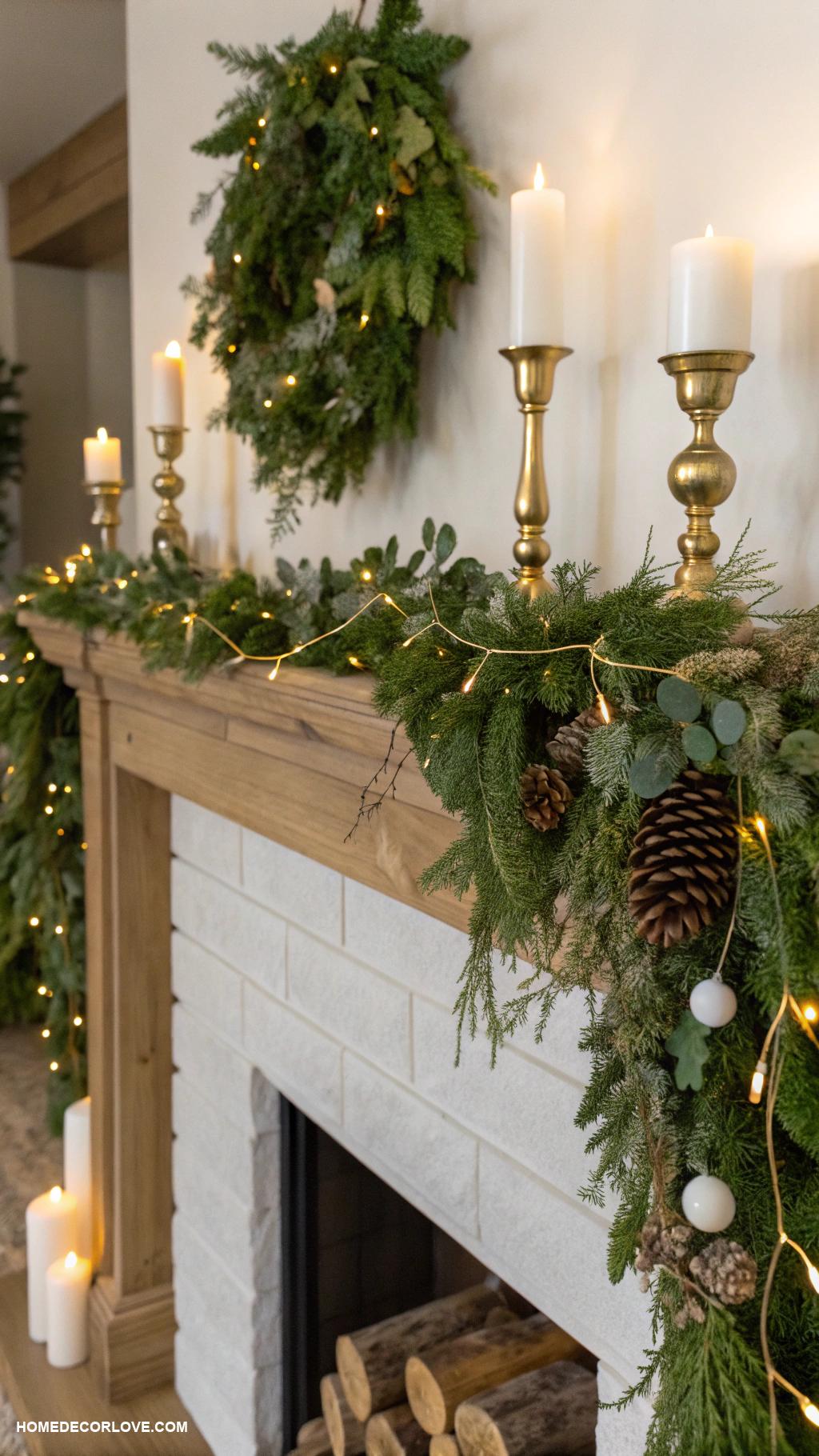 elegant christmas decor Simple green garlands on mantels