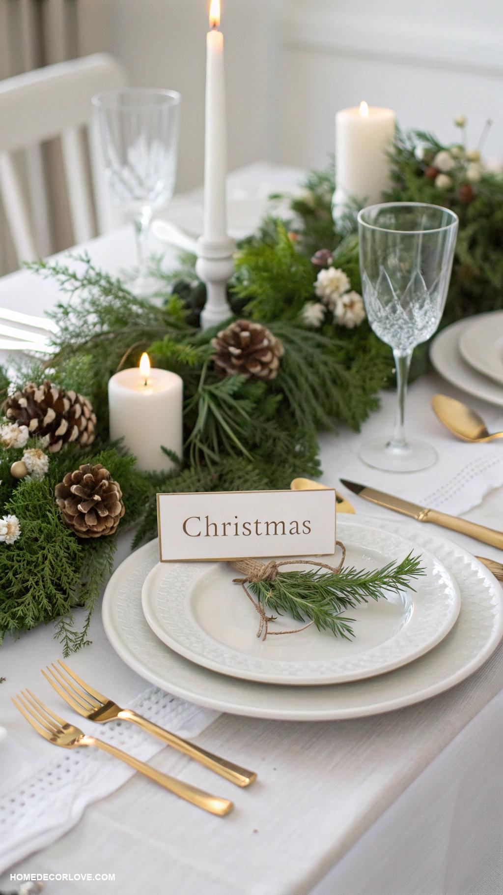 elegant christmas decor Simple white table settings with greenery