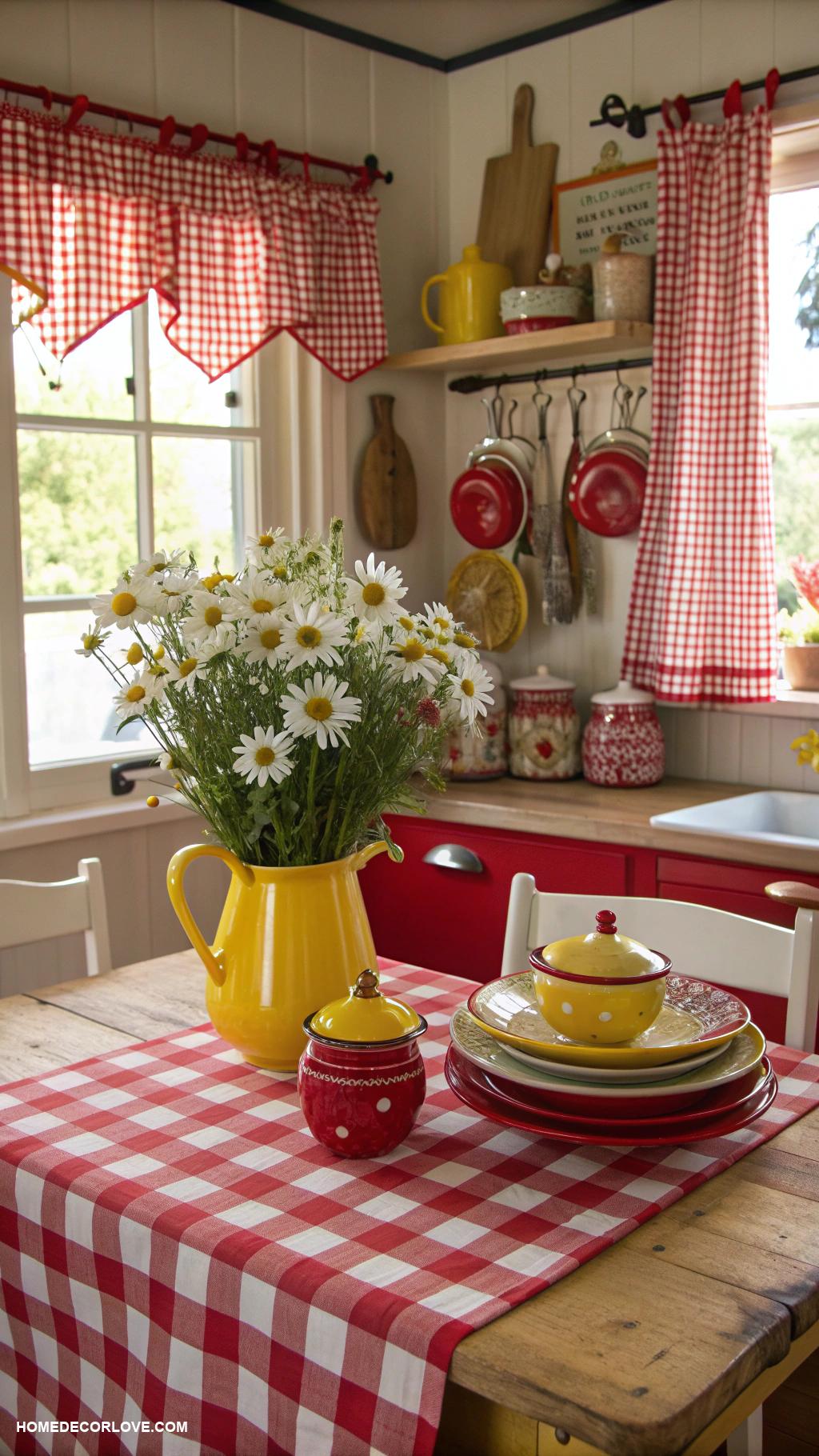 kitschy kitchen inspo Cheerful checkered tablecloth and curtains