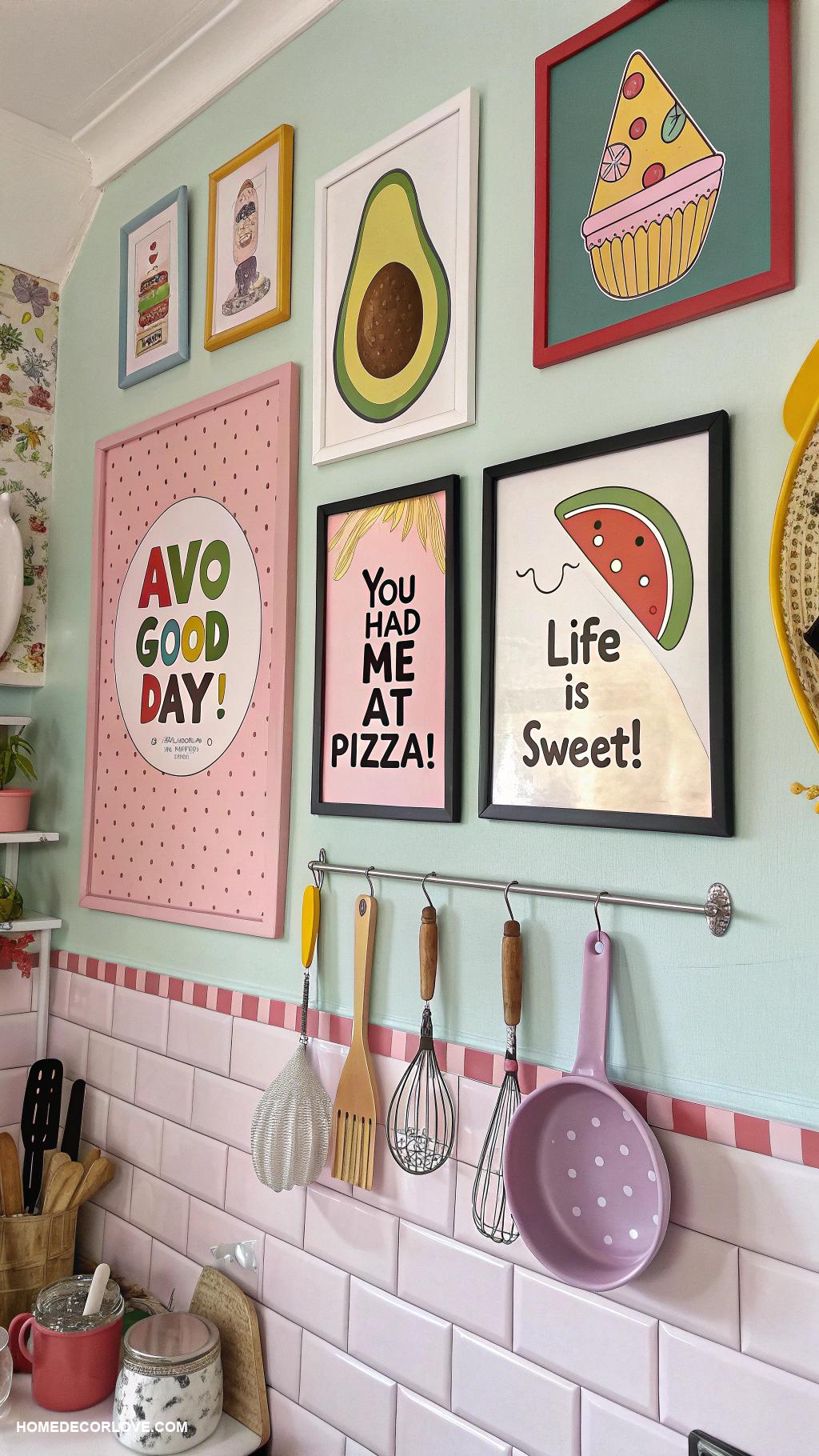 kitschy kitchen inspo Quirky wall art featuring food puns