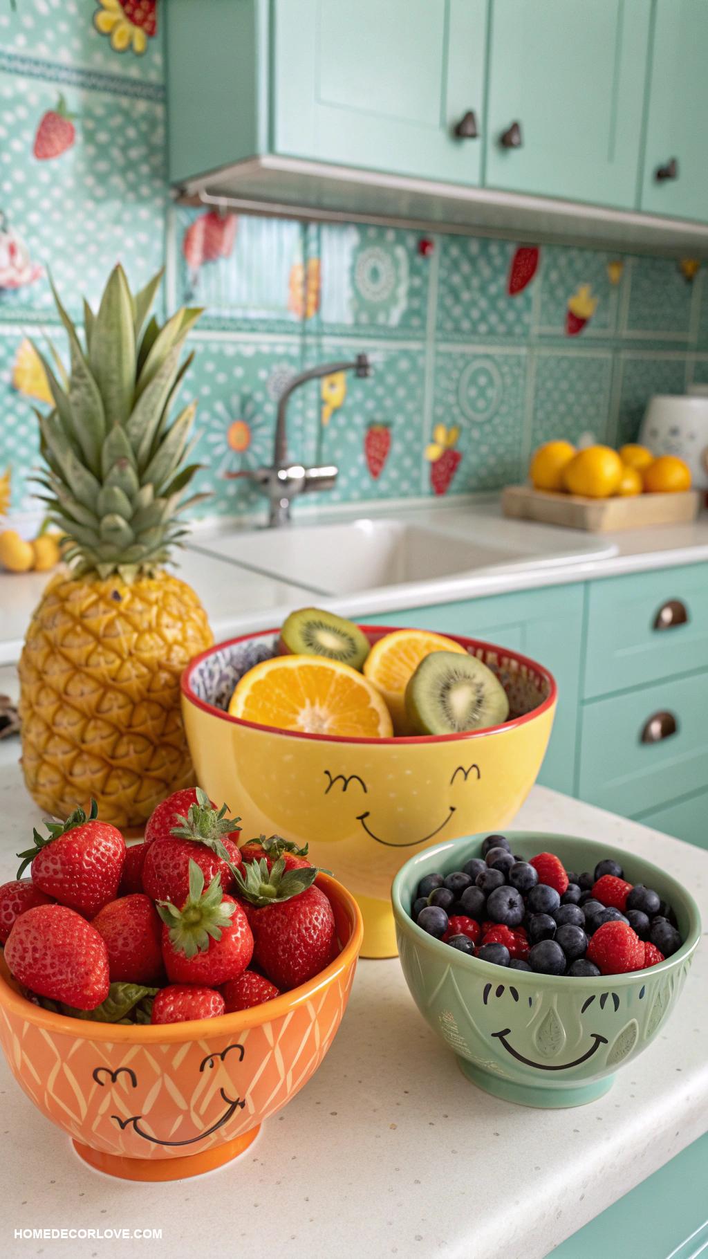kitschy kitchen inspo Seasonal fruit arrangements in fun bowls