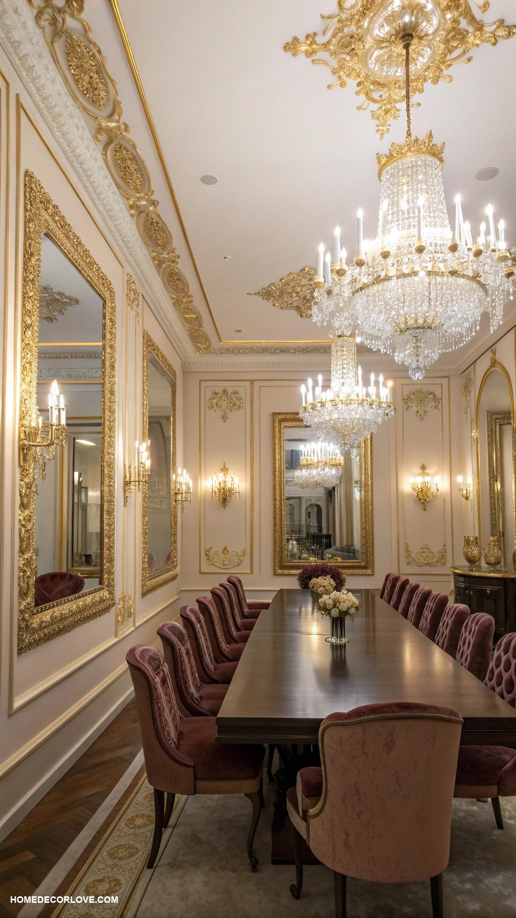 luxury dining room Gilded mirrors to enhance light and space