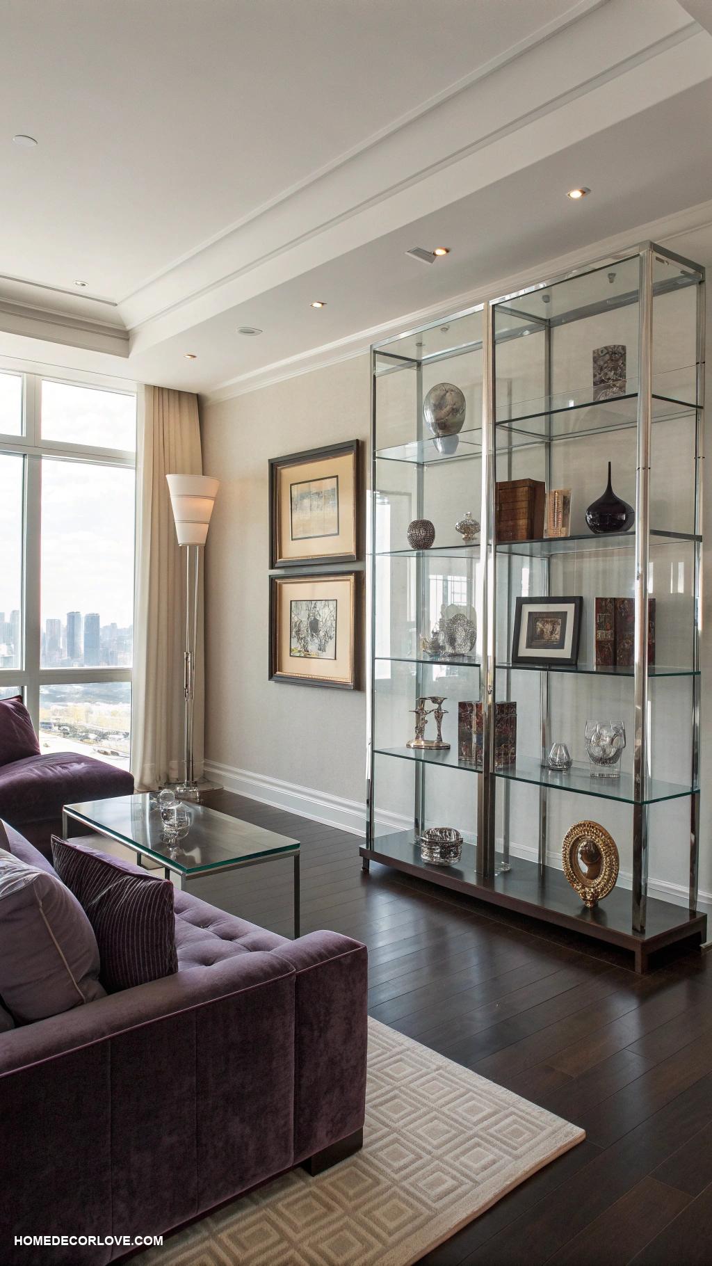 luxury living room Modern glass and chrome shelving