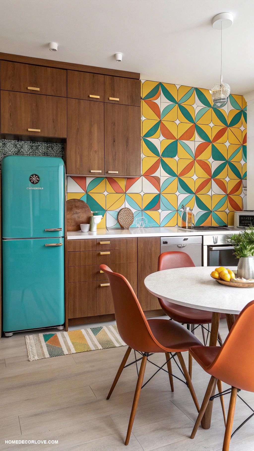 mid century modern kitchen Bold colored backsplash tiles