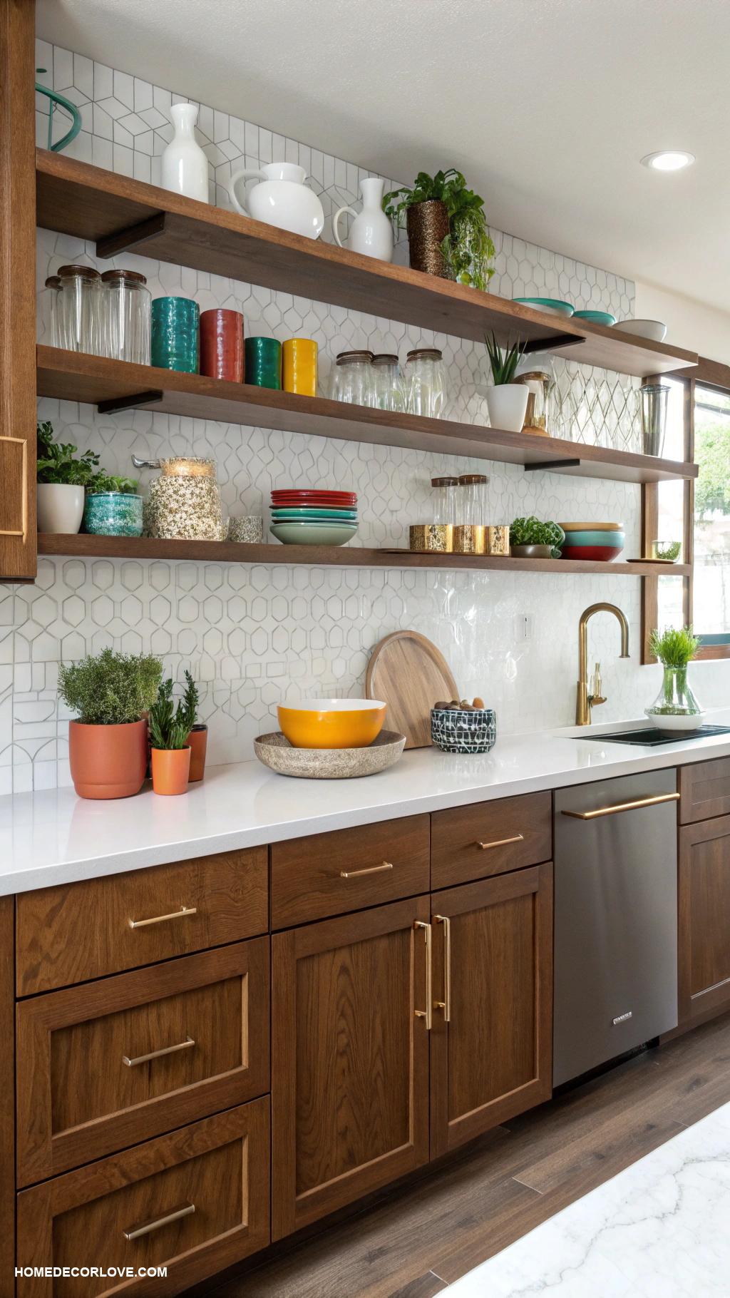 mid century modern kitchen Open shelving for modern display