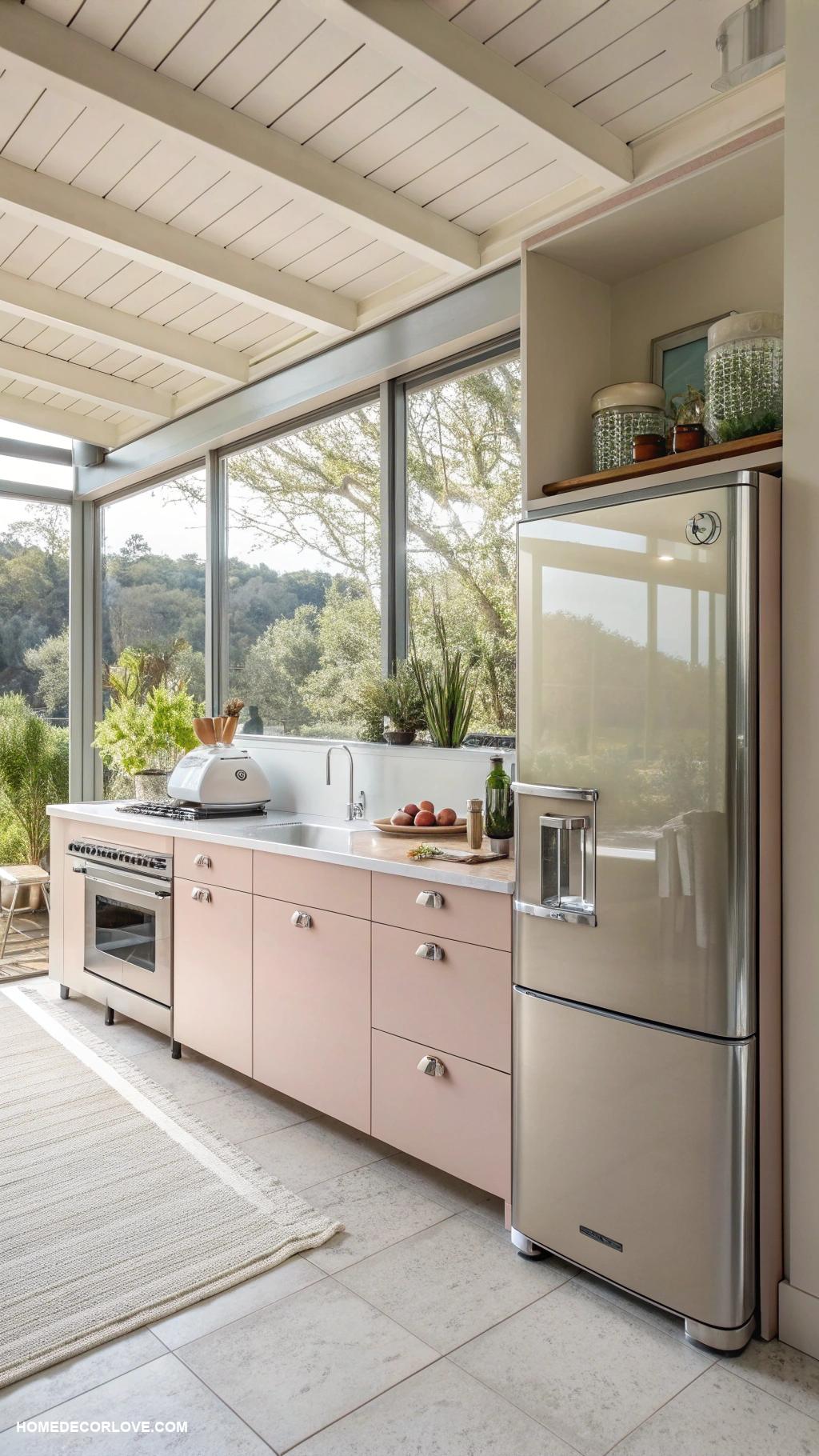 mid century modern kitchen Streamlined appliances with stainless finish