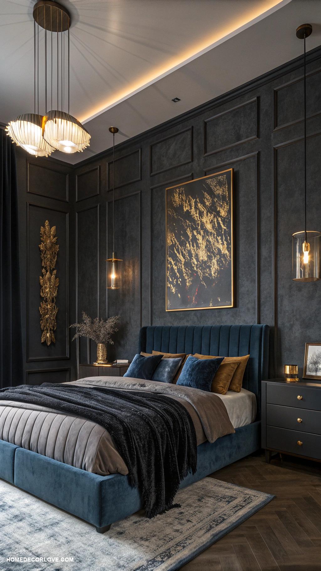 moody bedroom Dark walls with soft lighting