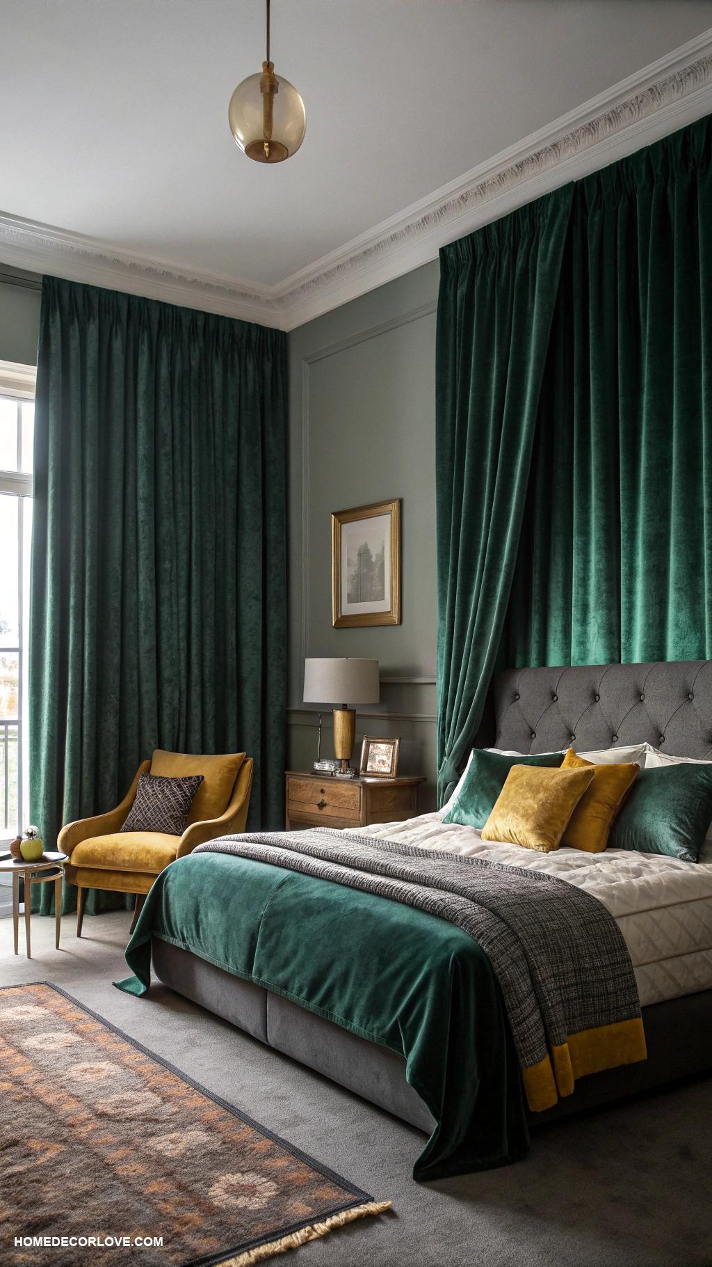 moody bedroom Heavy drapes for soft privacy