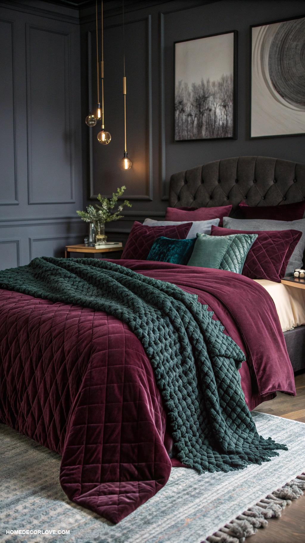 moody bedroom Layered textiles in deep hues