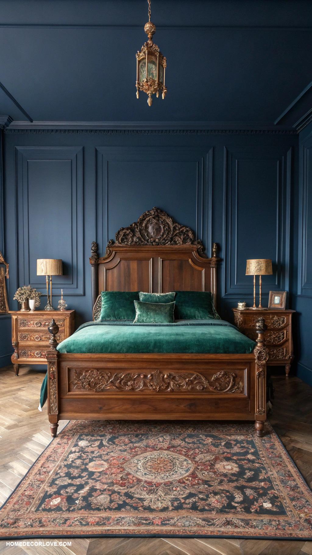 moody bedroom Vintage furniture with rich finishes
