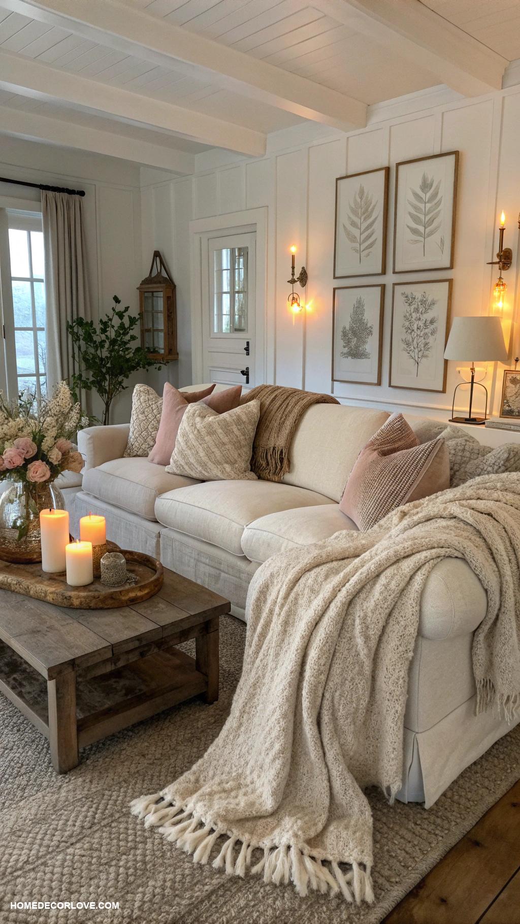 nancy meyers living room Cozy throw blankets on plush sofas