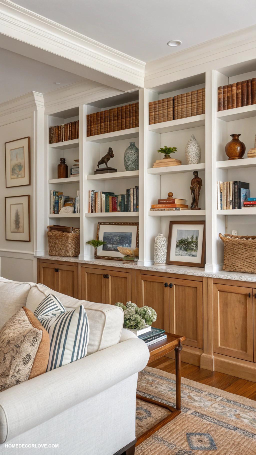 nancy meyers living room Stylish bookshelves filled with decor