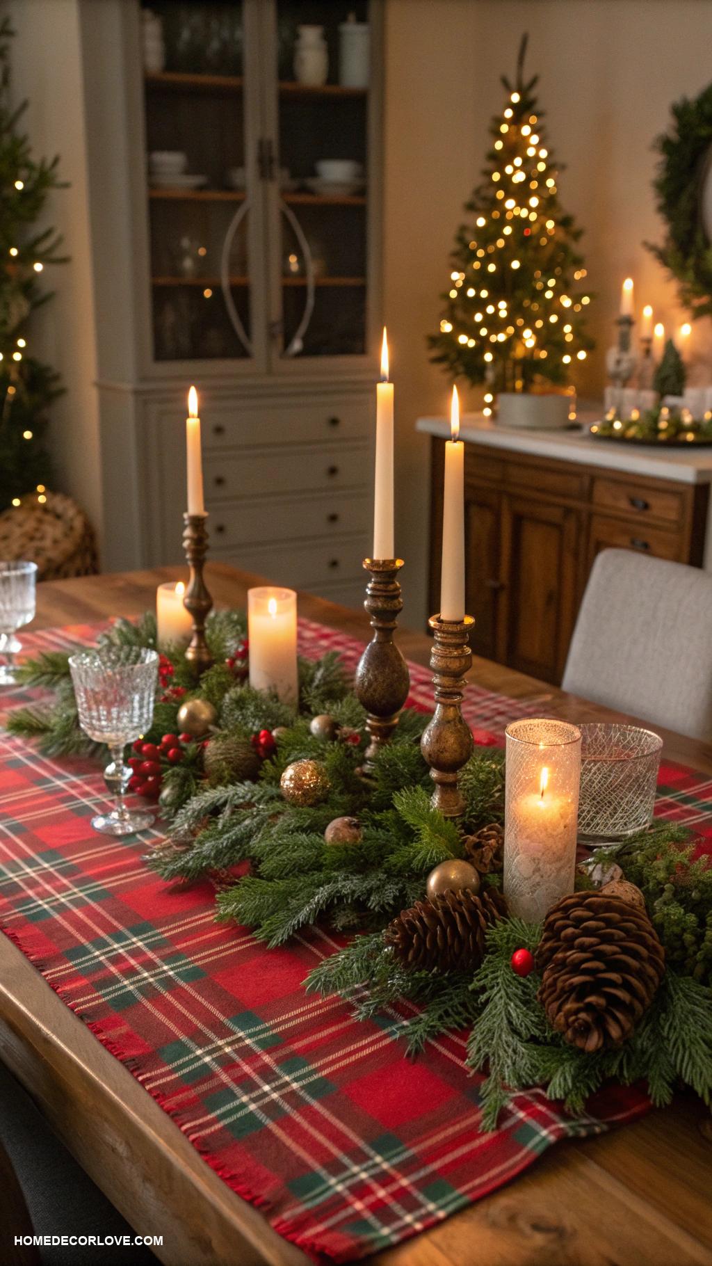 nostalgic christmas aesthetic Classic plaid table runners with candles