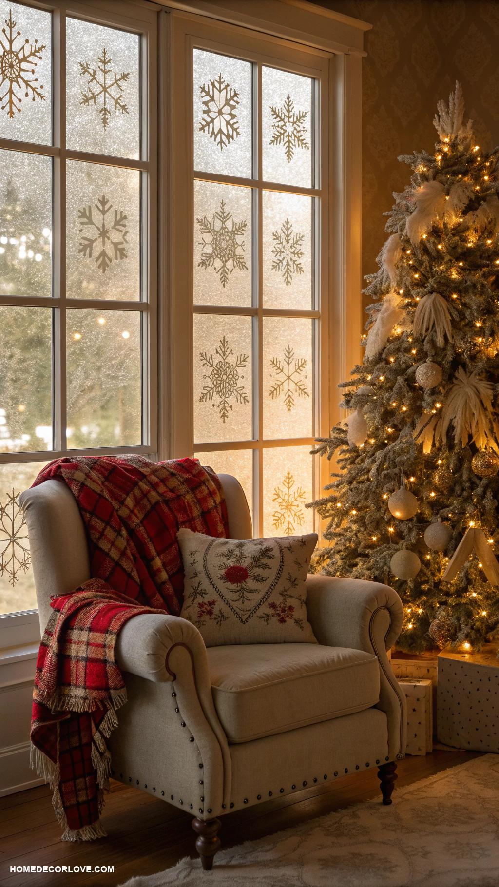 nostalgic christmas aesthetic Frosted window panes with stenciled snowflakes