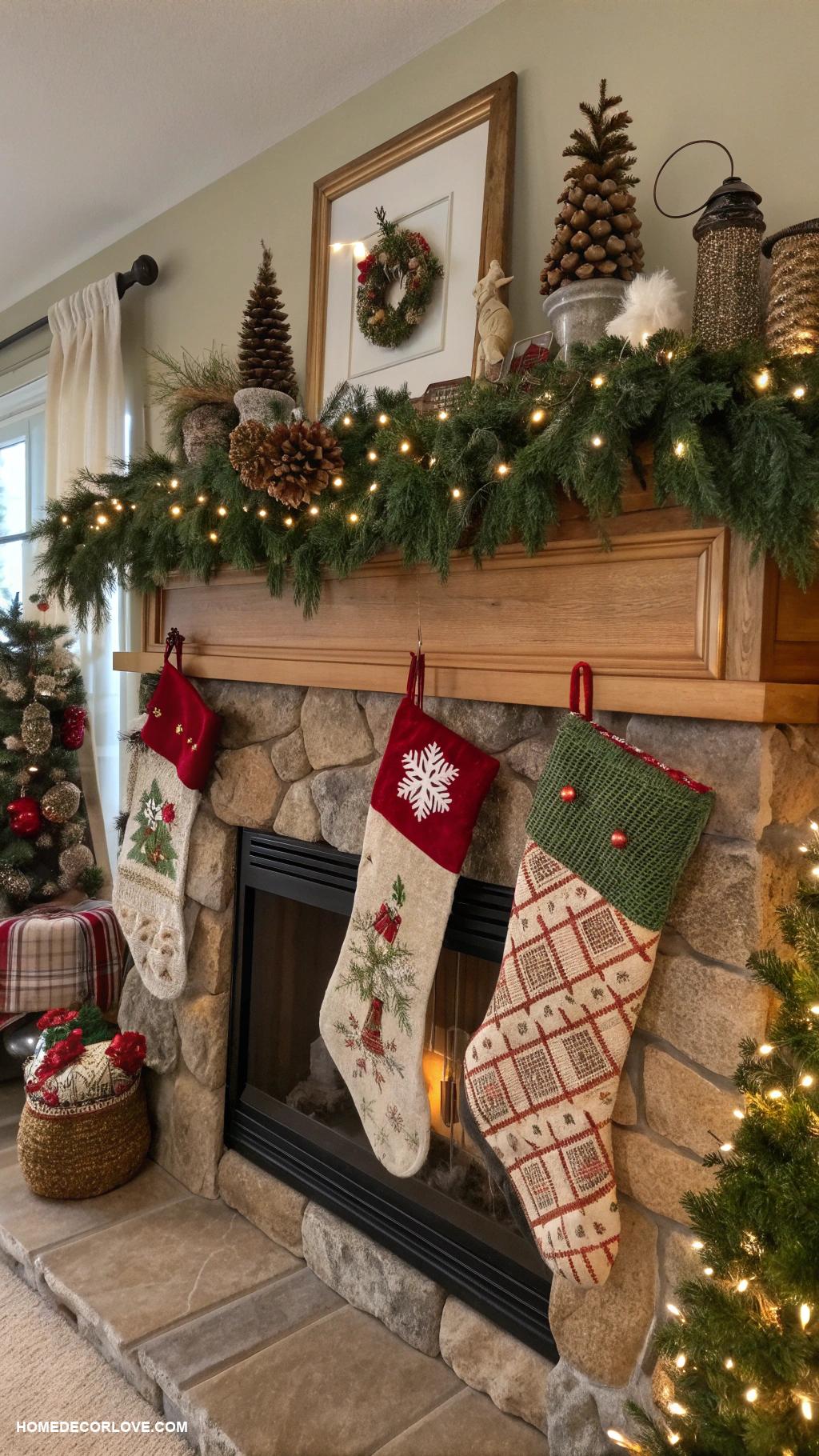 nostalgic christmas aesthetic Handmade stockings over the fireplace