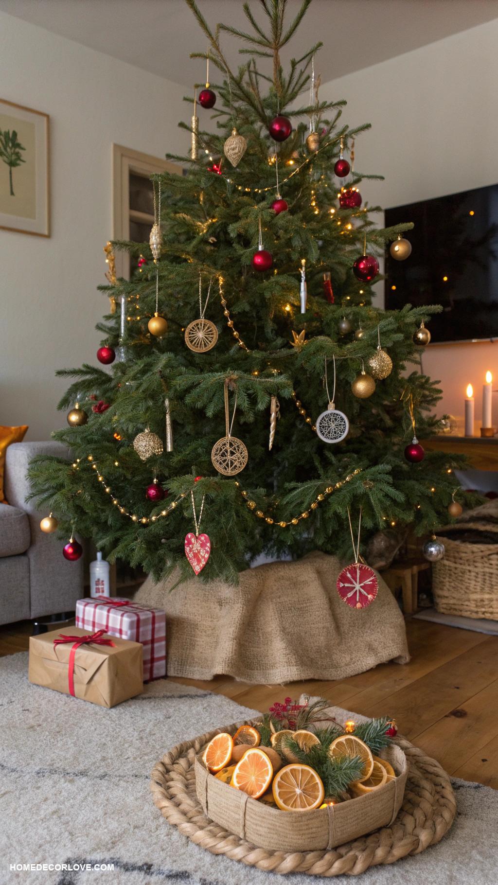 nostalgic christmas aesthetic Vintage ornaments on a rustic tree