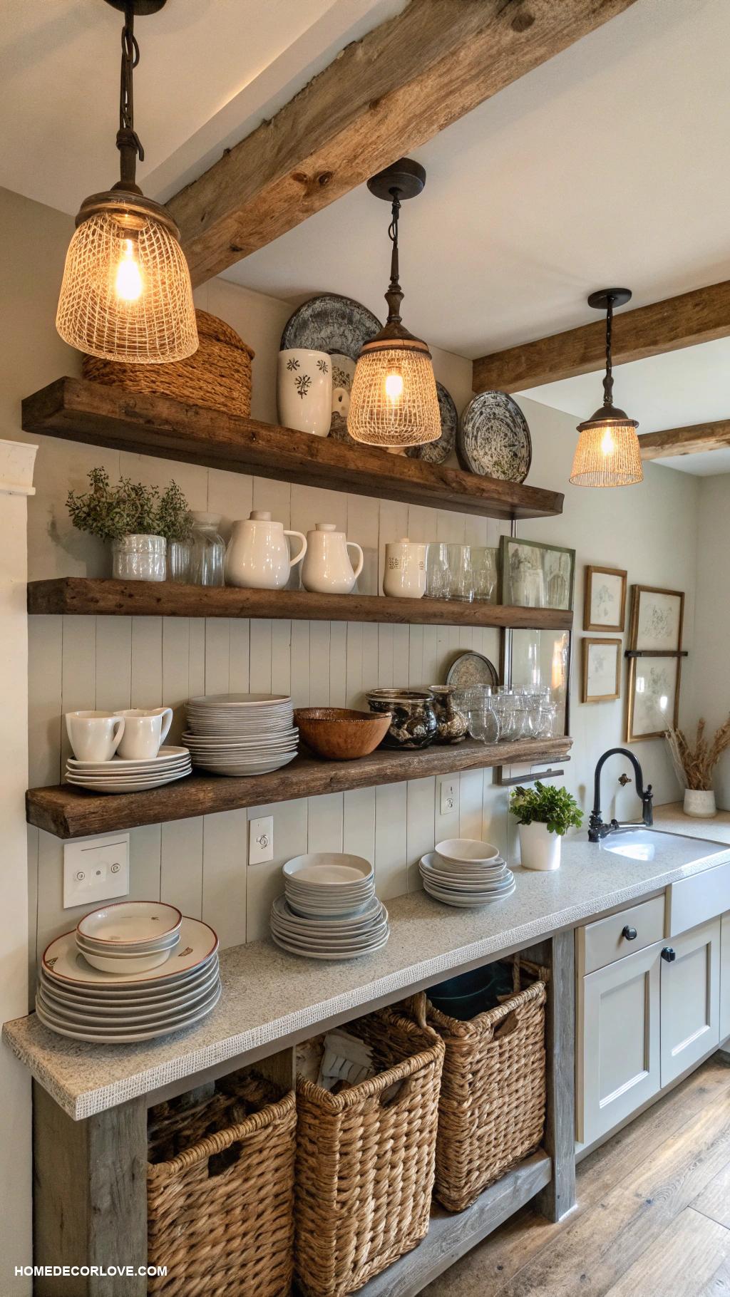 rustic kitchen Open shelving to display rustic dishware