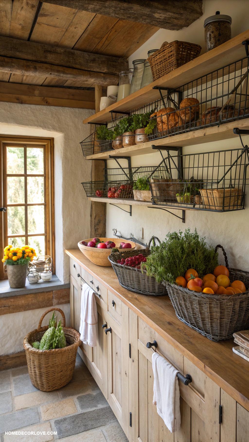 rustic kitchen Wire baskets for organized kitchen storage