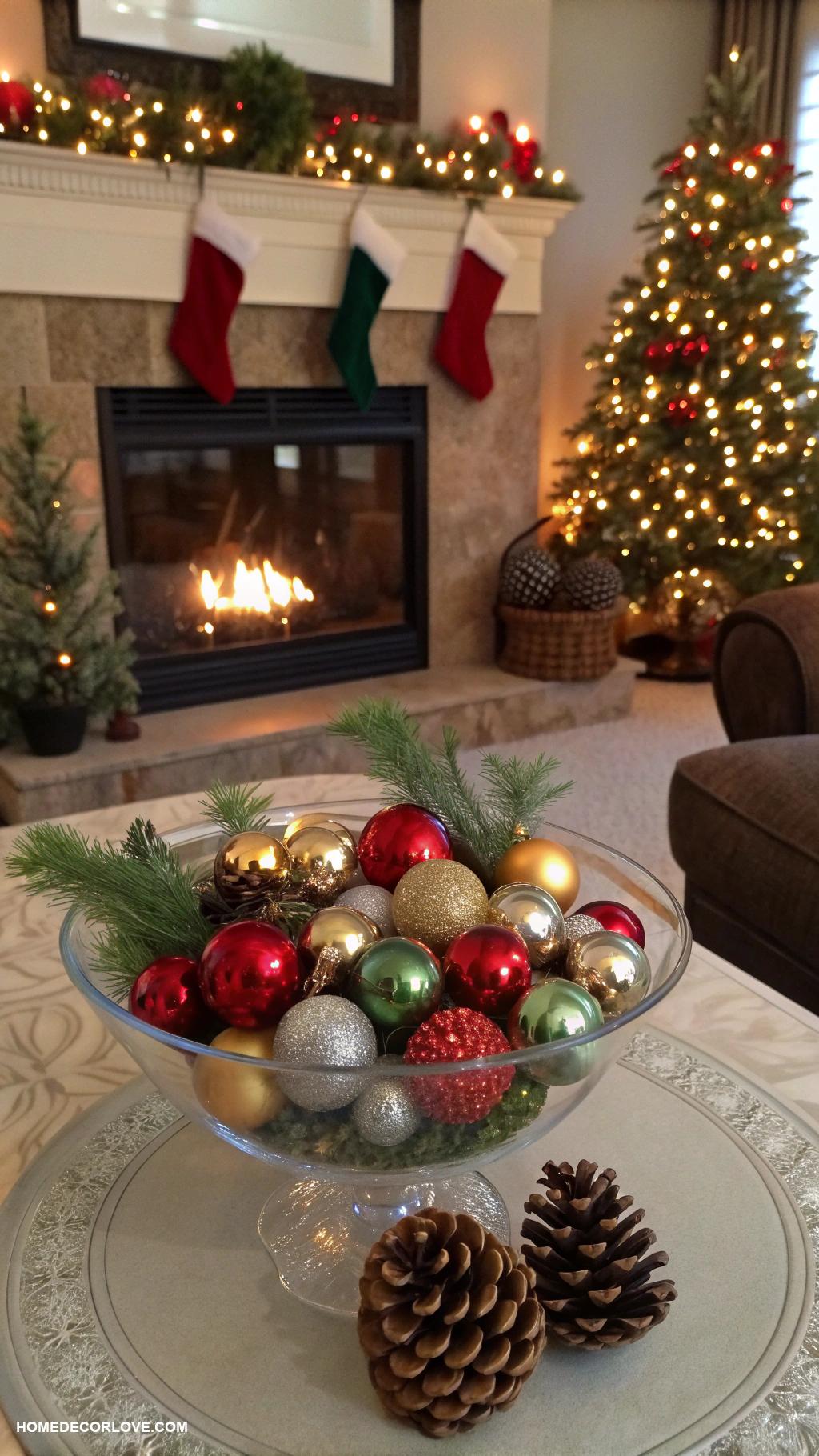 traditional christmas decor Ornament filled glass bowls