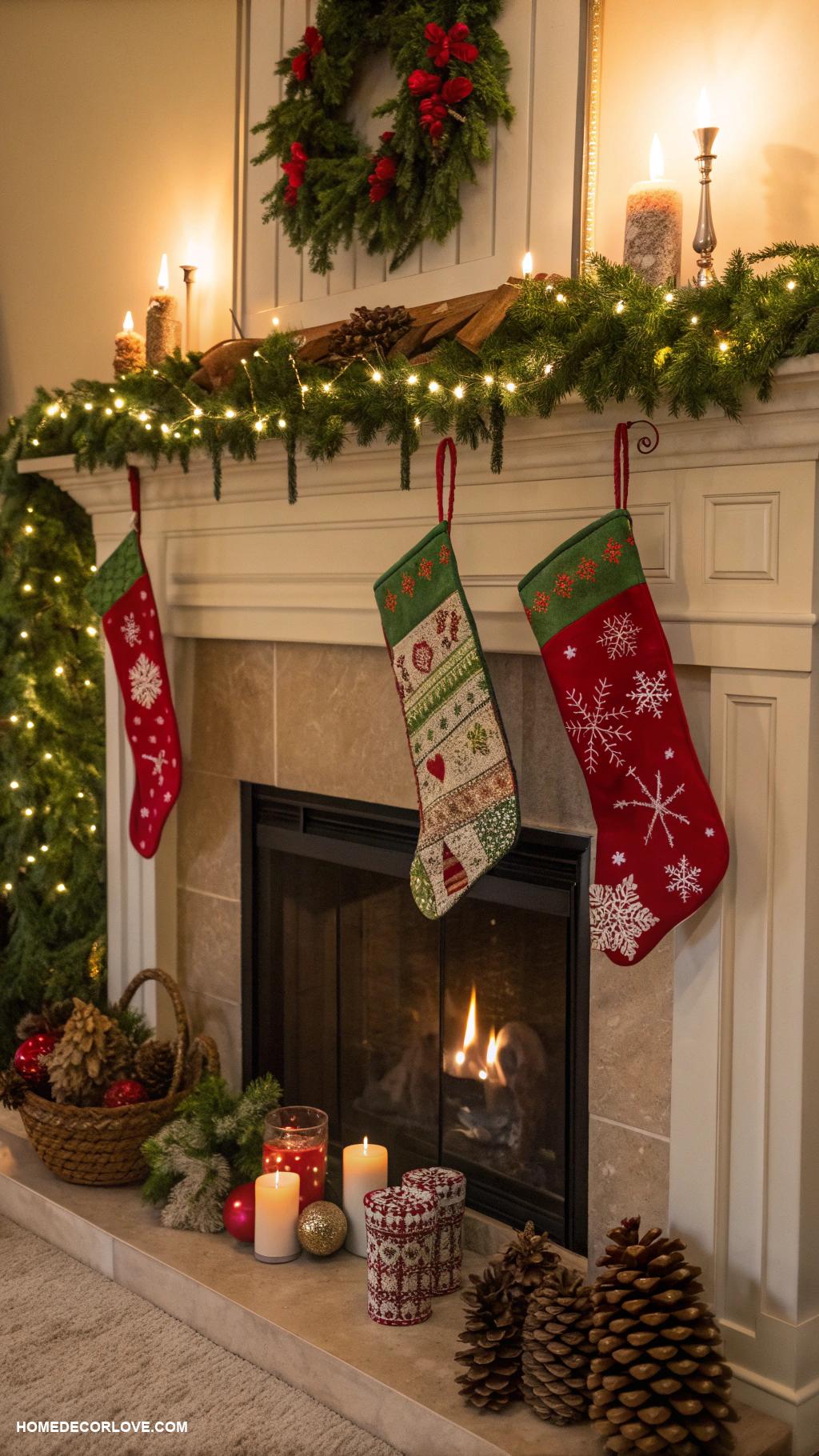 traditional christmas decor Stockings hung by the fireplace